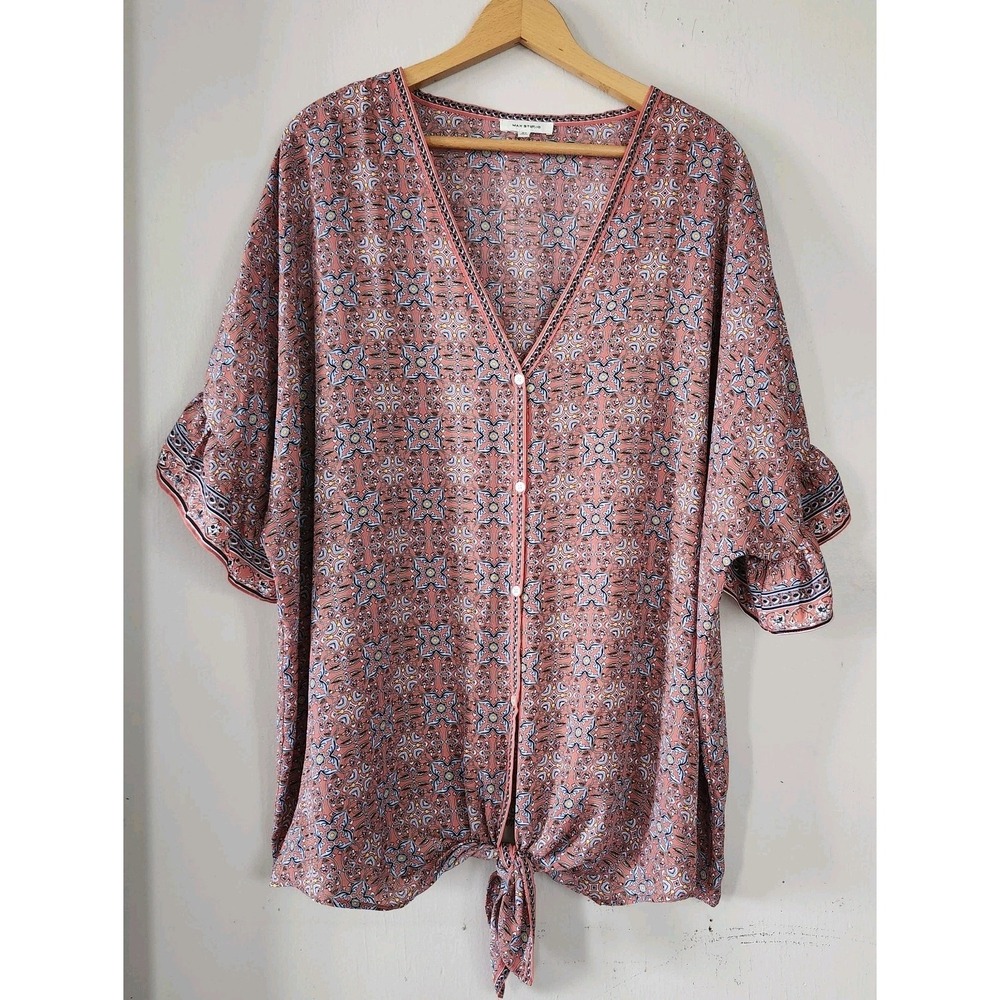 Max Studio Womens 2X Coral Floral Geometric Ruffle Sleeve Button Top Blouse Knot